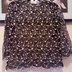Sheer Black Floral Embroidered Women's Top